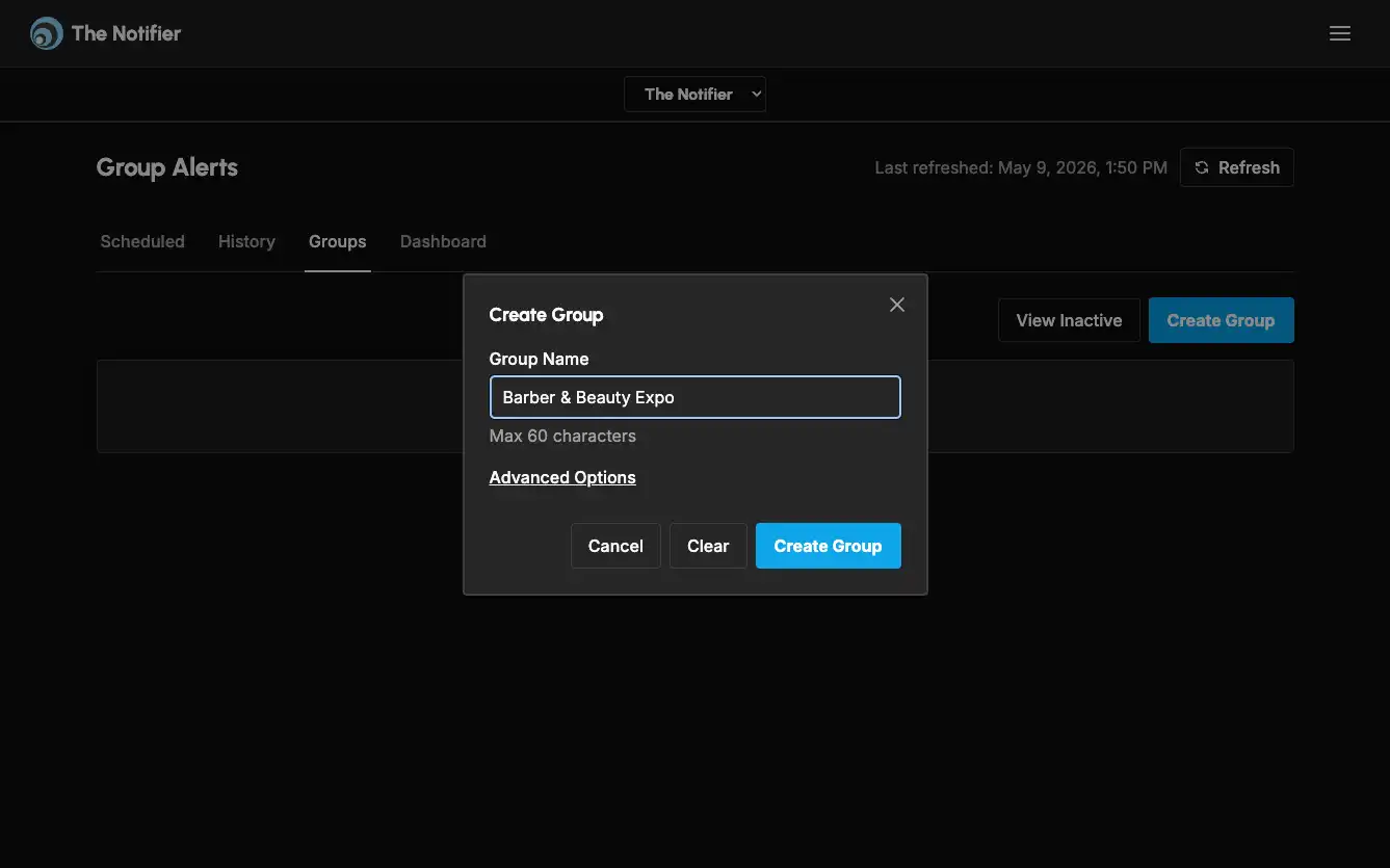 Group alerts: Enter a group name to create a group. (desktop)