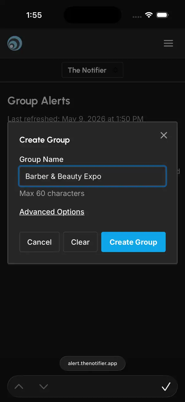 Group alerts: Enter a group name to create a group. (mobile)