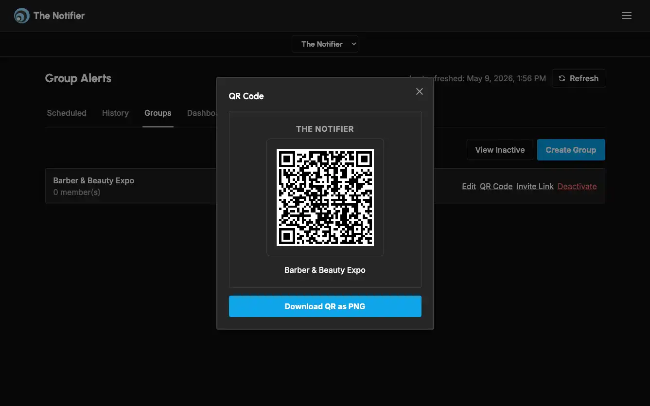 Group alerts: Share your group's QR code so people can join by scanning it. (desktop)