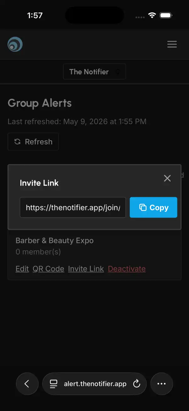 Group alerts: You can also share your group's join link so people can join by tapping it. (mobile)