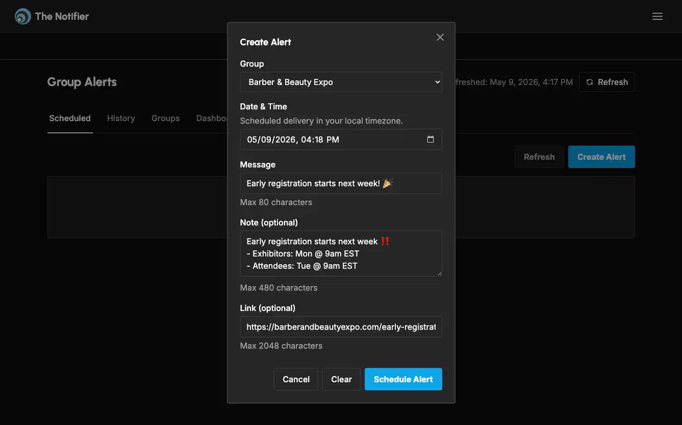 Group alerts: Create a group alert and send it now or schedule it for later. (desktop)