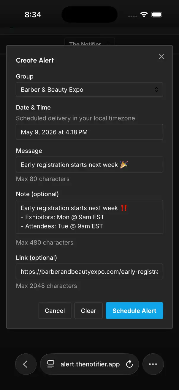 Group alerts: Create a group alert and send it now or schedule it for later. (mobile)